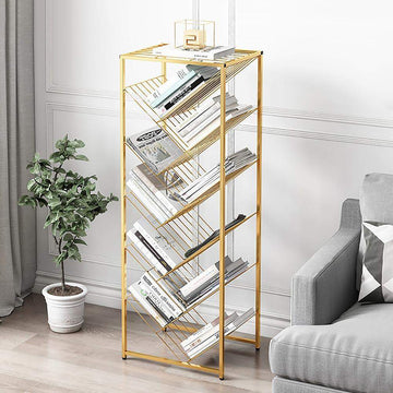 Mid-Century Rectangular Bookshelf Metal Gold Bookcase with Shelves-Bookcases & Bookshelves,Furniture,Office Furniture